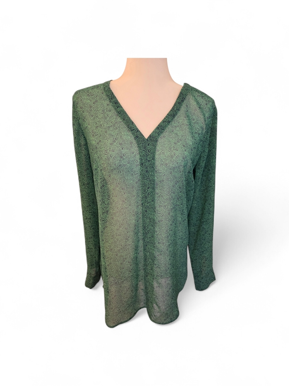 CAbi Green V-Neck Long Sleeve Printed Top